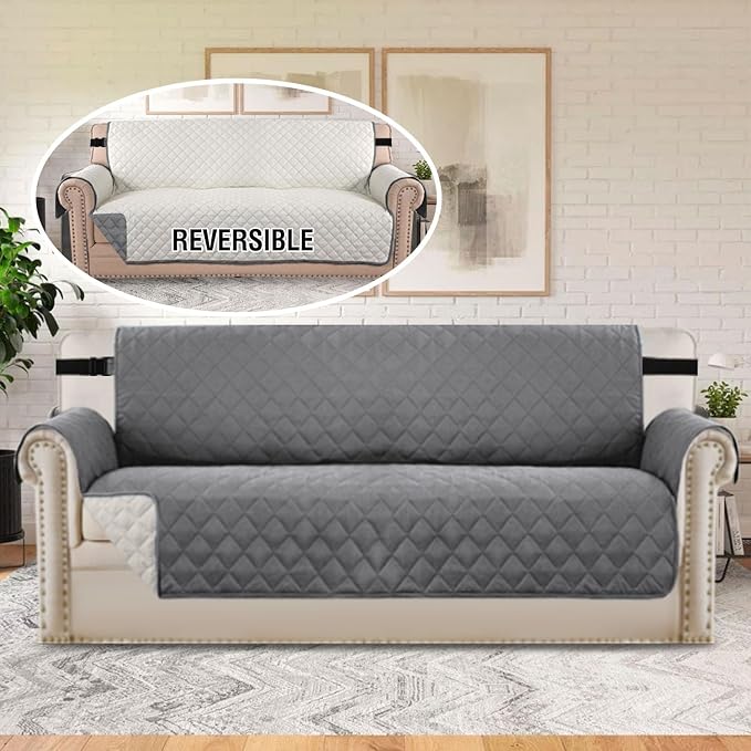 H.VERSAILTEX Reversible Sofa Cover for 3 Cushion Couch Water Resistant Couch Cover for Dogs Non Slip Furniture Protector Cover with Elastic Strap for Pet Cat(Sofa, Grey/Beige)