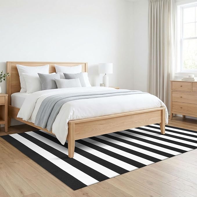 KILOCOCO Black White Striped Rug 5x7 Area Rug for Living Room Washable Rugs | Machine Washable Front Porch Layered Rugs, Cotton Rug for Patio, Outdoot Rug for Farmhouse, Woven Indoor Bedroom Carpet