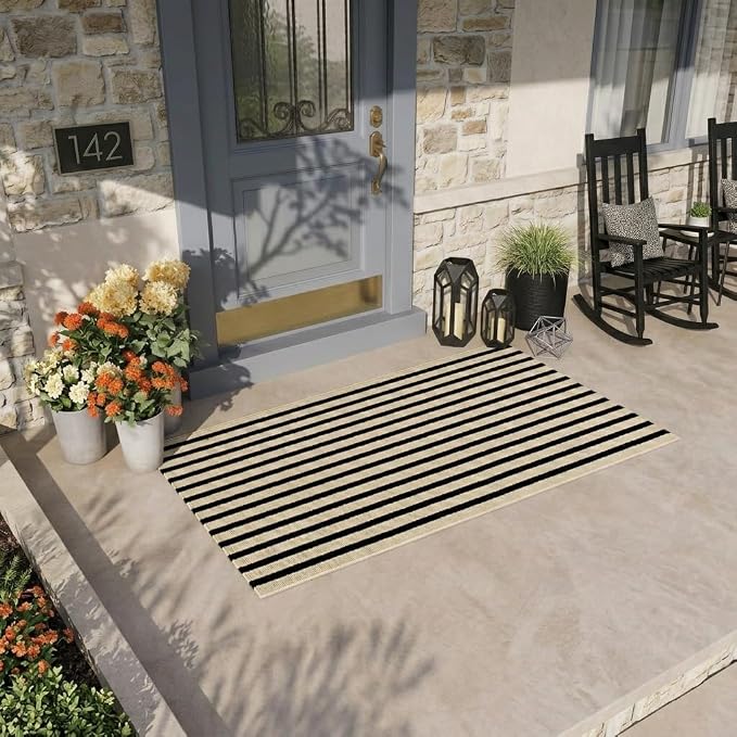 LEEVAN Black and White Outdoor Rug 2x4.3, Outside Entrance Door Mat, Washable Welcome Layering Rugs Farmhouse Front Porch Mats Outside Striped Layered Front Doormat for Porch/Entryway