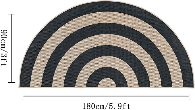 Faux Jute Rug 3x6Ft Half Circle Rainbow Doormat Easy Jute Carpet for Farmhouse Bedroom Kitchen, Non-Slip Half Round Neutral Floor Mat for Living Room Kids Room Indoor Outdoor Decor, Black 2