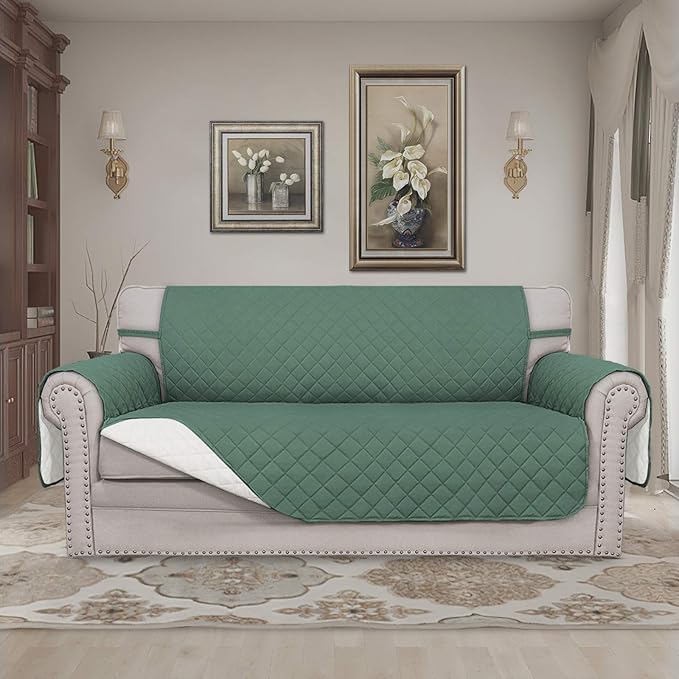 Easy-Going Sofa Slipcover Reversible Loveseat Sofa Cover Couch Cover for 2 Cushion Couch Furniture Protector with Elastic Straps for Pets Kids Dog Cat (Oversized Loveseat, Cyan/Ivory)