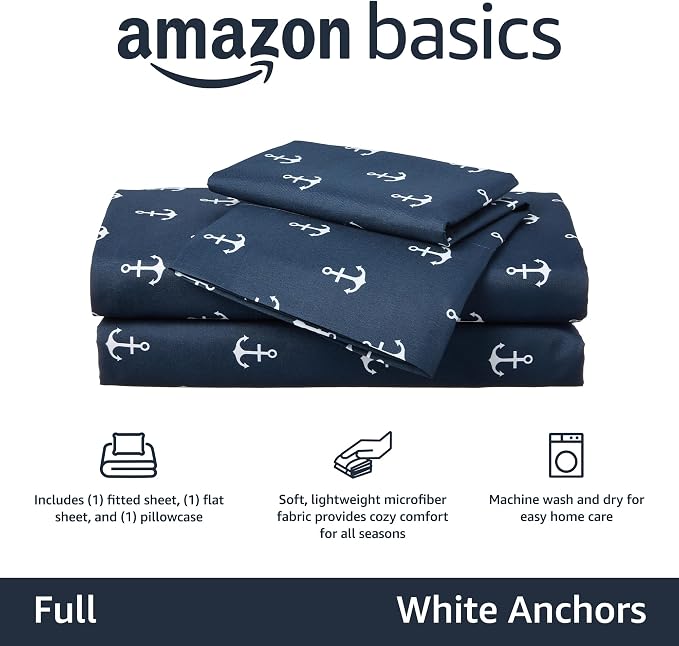 Amazon Basics Kid's Soft, Breathable, Easy-Wash Microfiber 4-Piece Sheet Set, Full, White Anchors