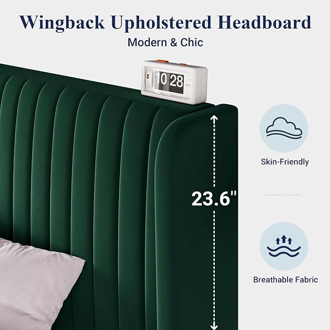 Allewie King Size Bed Frame/Velvet Upholstered Platform Bed/Vertical Channel Tufted Wingback Headboard/Strong Wooden Slats/No Box Spring Needed/Easy Assembly/Green