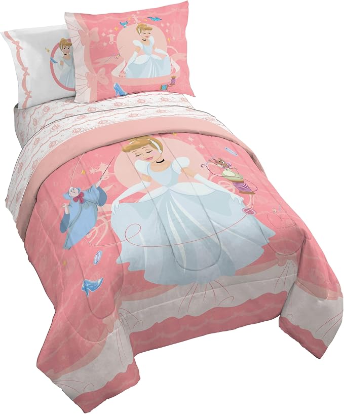 Disney Princess Full Size Comforter Set 7 Piece Kids Bedding, Pink | Cinderella, Bed in a Bag, Comforter Sheets Shams Pillowcases, Official Brand, Soft Microfiber, Machine Washable, Girls Gift