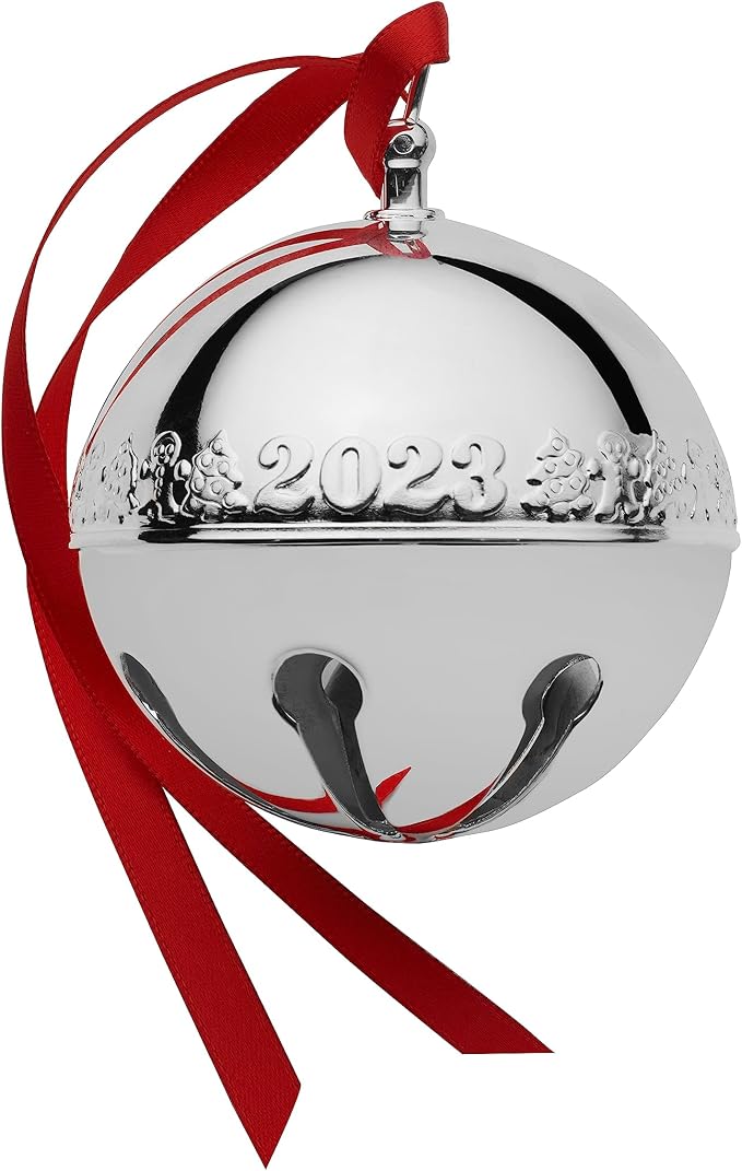Wallace Silver-Plated Sleigh Bell Ornament 2023-53rd Edition Annual Collectible with Gingerbread Man and Christmas Tree Design, Handcrafted in USA, Includes Gift Box and Velvet Pouch