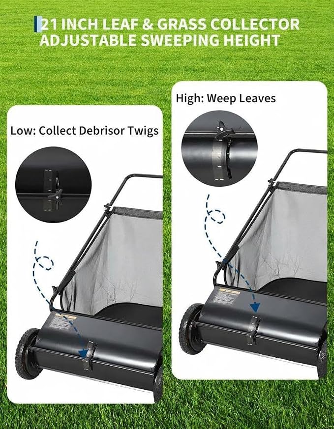 21-Inch Push Lawn Sweeper, 3.5 Cu. Ft. Hopper Capacity Leaf & Grass Collector with 4 Spinning Brushes, Adjustable Height, for Grass Clippings, Leaves & Debris, Black