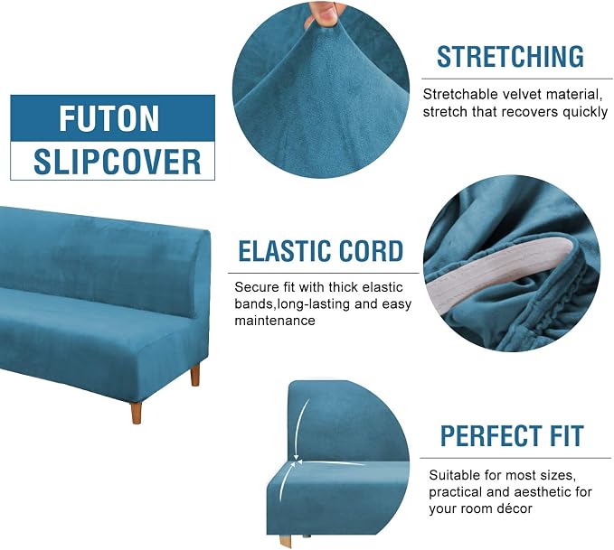 H.VERSAILTEX Real Velvet Futon Cover Armless Sofa Covers Sofa Bed Covers Stretch Futon Couch Cover Sofa Slipcover Furniture Protector Thick Soft Velvet Fabric Form Fitted Stay in Place, Peacock Blue