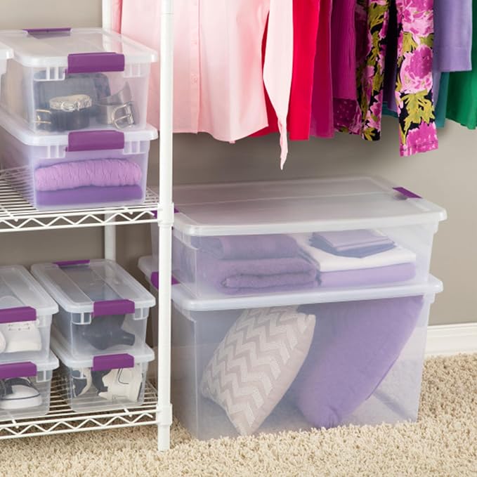 Sterilite 66 Qt ClearView Latch Storage Box, Stackable Bin with Latching Lid, Organize Clothes, Blankets, Items in Closet, Clear Base and Lid, 24-Pack | Clear Plastic Organizers with Color Accent Latches for Closet, Bedroom, Shelving Units, Dorm Room a...