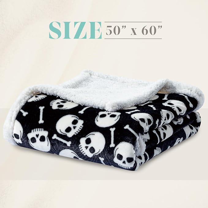 Elegant Comfort Throw Blanket, Reversible Sherpa Flannel, Ultra-Soft, Fuzzy, Cozy and Plush- All Season Lightweight Decorative Throw, 50 x 60 inches, Skulls and Bones Sherpa Throw
