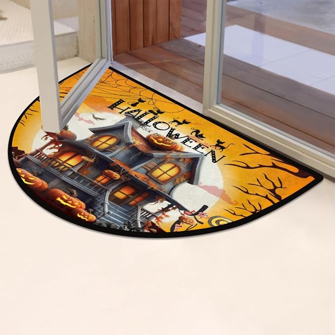 Halloween Half Round Doormat Non-Slip Semi Circle Rug Half Moon Mat | Castle Pumpkin Washable Soft Absorbent Indoor Outdoor Entrance Kitchen Bathroom Sink Patio Welcome Fireplace Floor Rug