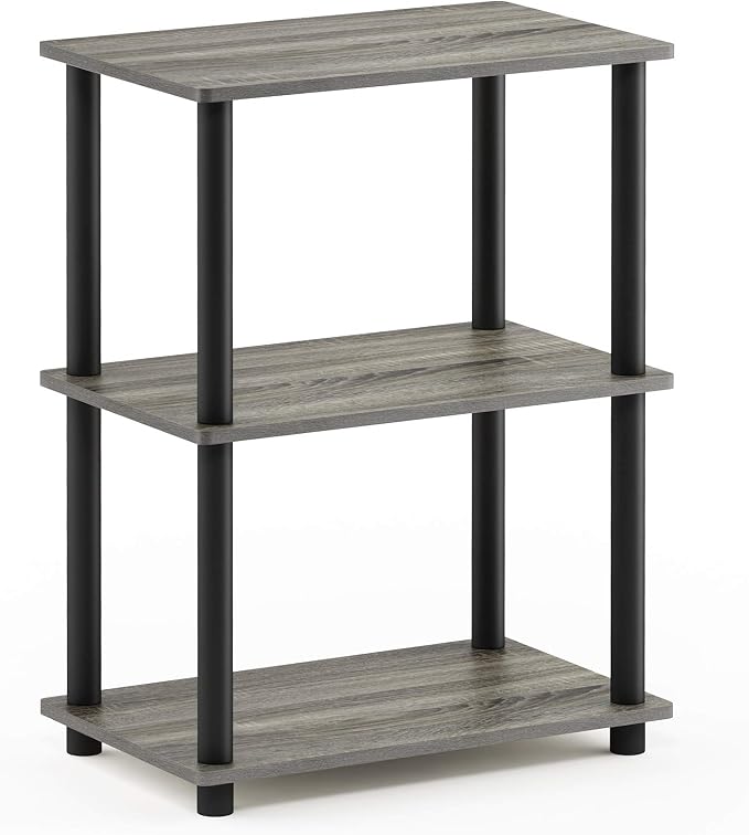 Furinno Turn-N-Tube No Tool 3-Tier Storage Shelf, Narrow, French Oak Grey/Black | Book Shelf, Corner Shelf, Open Shelves, for Organization, Living Room, Garage, Home Office