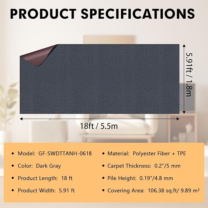 Grefinity Marine Carpet,6 FT x 18 FT Dark Gray Indoor Outdoor Carpet 0.2" Thick Boat Rug with Water-Proof TPE Backing for Home, Patio, Porch, Deck