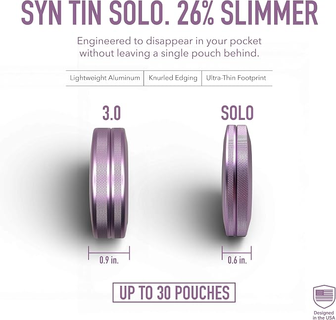 Solo | Slim Metal Container for Zyn, Premium Aluminum Can & Rugged Pouch Holder | Extra Capacity, Knurled Grip, & Slim Container | EDC (Lavender)