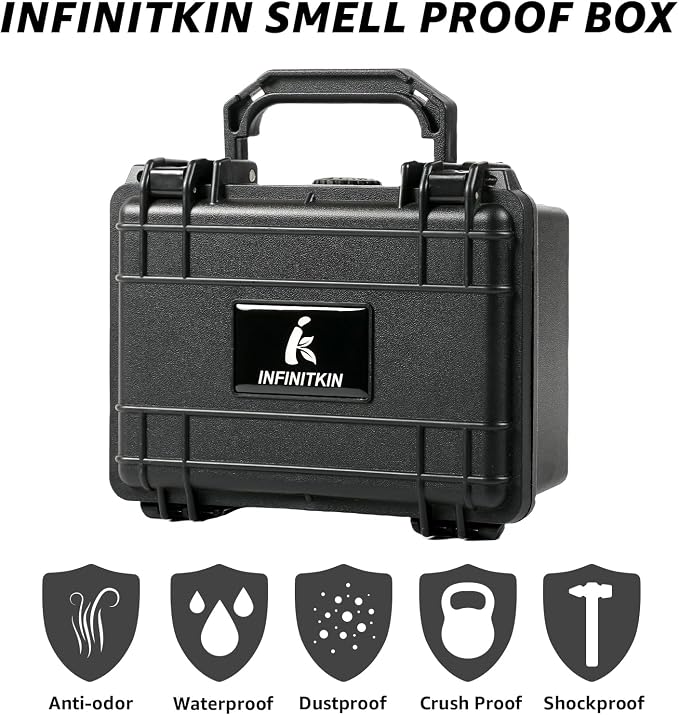 INFINITKIN Smell Proof Box Small Smell Proof Storage Box with Lock | Airtight & waterproof smell proof container with storage jar for home & travel. Includes pocket scale & accessories.