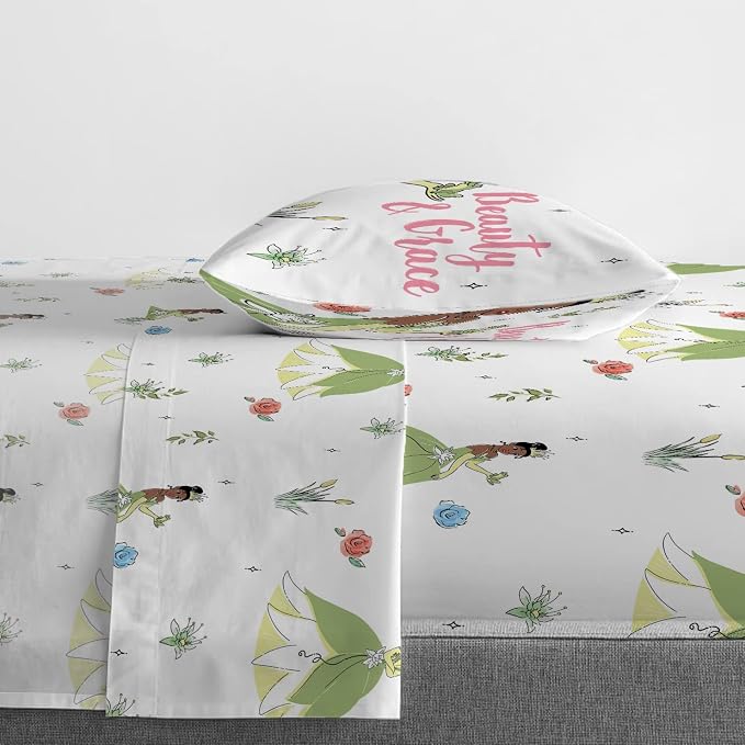 Jay Franco Kids Sheet Cartoon Set with Fitted, Flat Sheets & Pillow Cover - Ultra-Soft Bedding with Pillowcase for Room Decor, White - Tiana, 3 Piece Twin