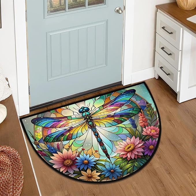 Dragonfly Half Round Doormat Semi Circle Rug Half Moon Rug Entryway Mat | Dragonfly Spring Washable Non Slip Outdoor Floor Rug Kitchen Mat for Indoor Outdoor Bathroom Fireplace Bath Decor