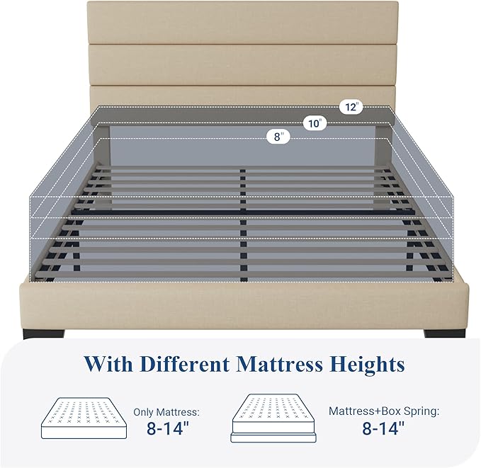 Allewie Full Size Platform Bed Frame with Fabric Upholstered Headboard | Wooden Slats Support, Fully Upholstered Mattress Foundation, No Box Spring Needed, Easy Assembly, Noise-Free, Beige