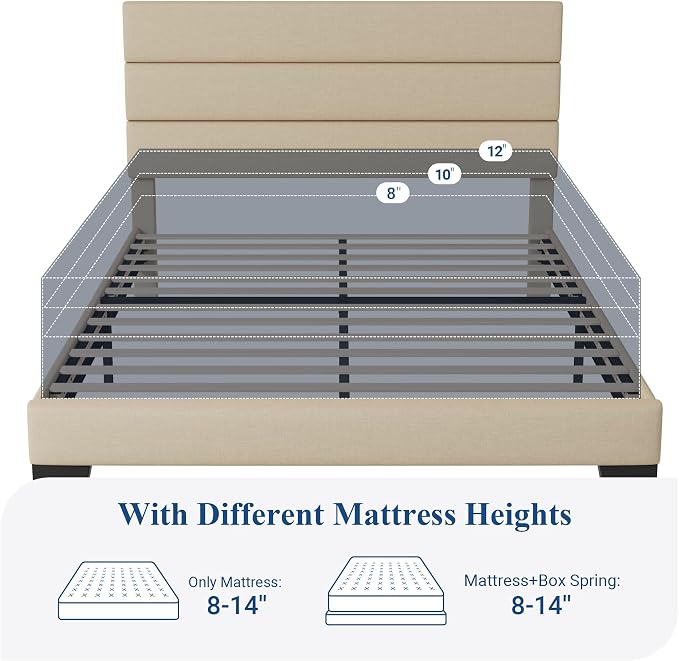 Allewie Queen Size Platform Bed Frame with Fabric Upholstered Headboard | Wooden Slats Support, Fully Upholstered Mattress Foundation, No Box Spring Needed, Easy Assembly, Noise-Free, Beige