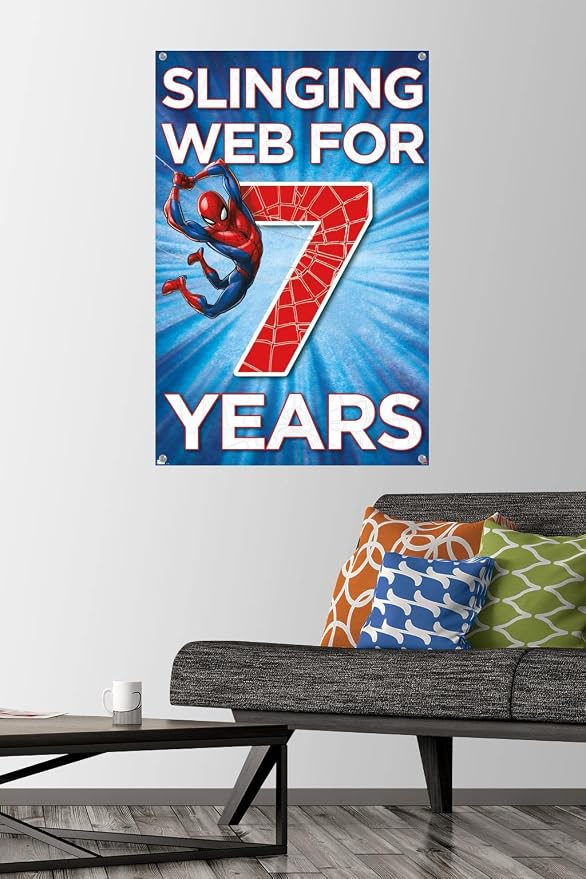 Trends International Marvel Spider-Man - Happy 7th Birthday Wall Poster, 22.37" x 34.00", Premium Poster & Push Pin Bundle