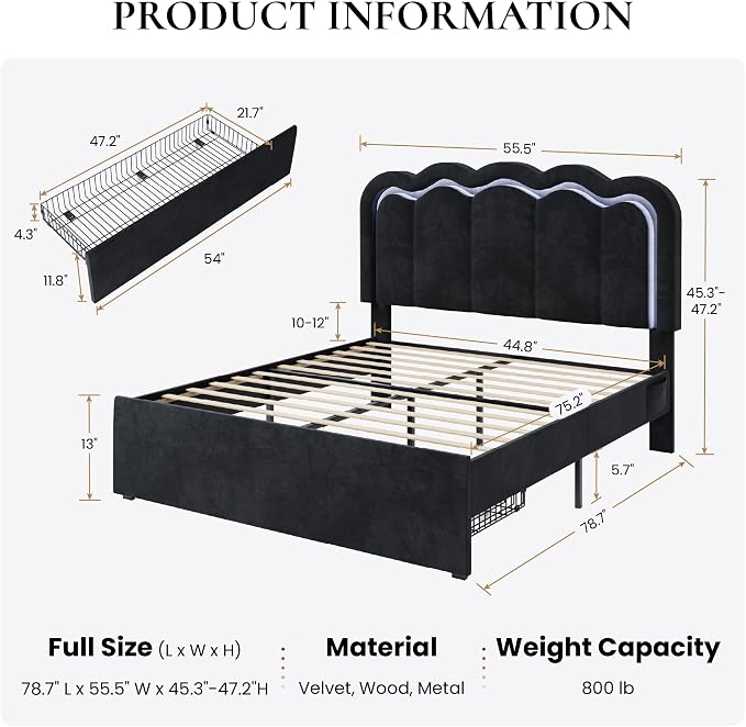 SHA CERLIN Full Size Bed Frame with LED Lights and Storage Drawer, Black | Upholstered Velvet Platform Bed with Adjuatable Wavy Headboard, Noise-Free, Easy Assembly,No Box Spring Needed