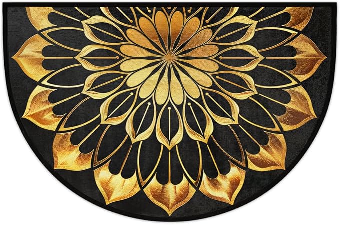 Half Round Doormat Mandala Ethnic Gold Florals Non Slip Half Circle Area Rugs Indoor Washable Half Moon Rug Semi Circle Bathroom Runner Mat Entrance Floor Carpet for Kithen Bedroom Fireplace Decor