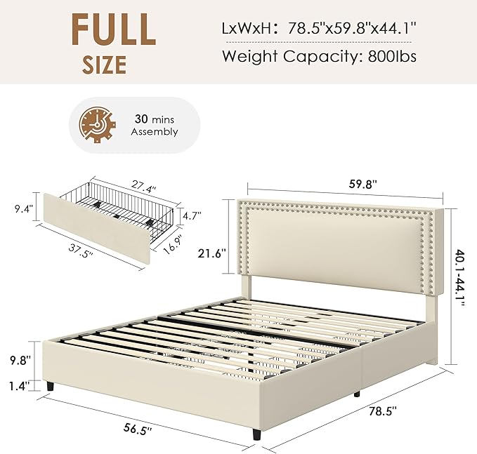 VECELO Full Size Upholstered Bed Frame with 4 Storage Drawers, Adjustable Velvet Rivet Decor Headboard, Wooden Slats Platform Support, No Box Spring Needed, Easy Assembly,Beige