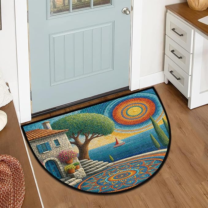Sailboat Half Round Door Mat Semi Circle Rug Half Moon Doormat | Soft Washable Coastal Sun Welcome Entrance Mat for Outdoor Indoor Floor Bedroom Bathroom Home Kitchen Festival Decor