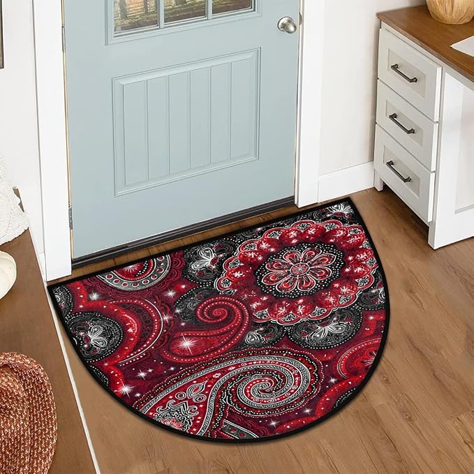 Paisley Half Round Rug Half Moon Door Mat Half Circle Rugs | Ethnic Flowers Washable Non-Slip Semi Circle Rug Welcome Half Round Door Mat Indoor Entrance Bedroom Living Room Decor B286