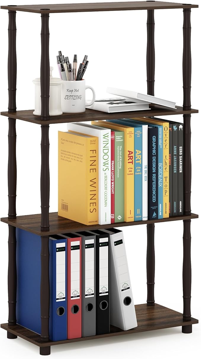 Furinno Turn-N-Tube 4-Tier Multipurpose Shelf Display Rack, Classic Tubes, Walnut/Brown | Book Shelf, Corner Shelf, Open Shelves, Classic Tubes, for Organization, Living Room, Home Office