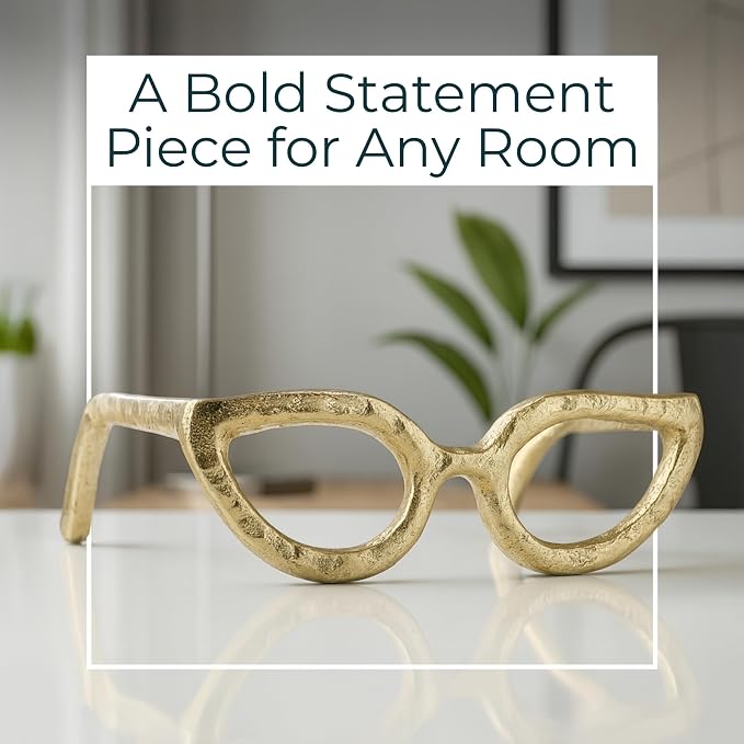 Cateye Glasses Decorative Object – Aluminum Sculpture Modern Home Decor Ornament – Shelf Styling & Coffee Table Decor for Bathroom, Office & Living Room – 7"x3", Gold