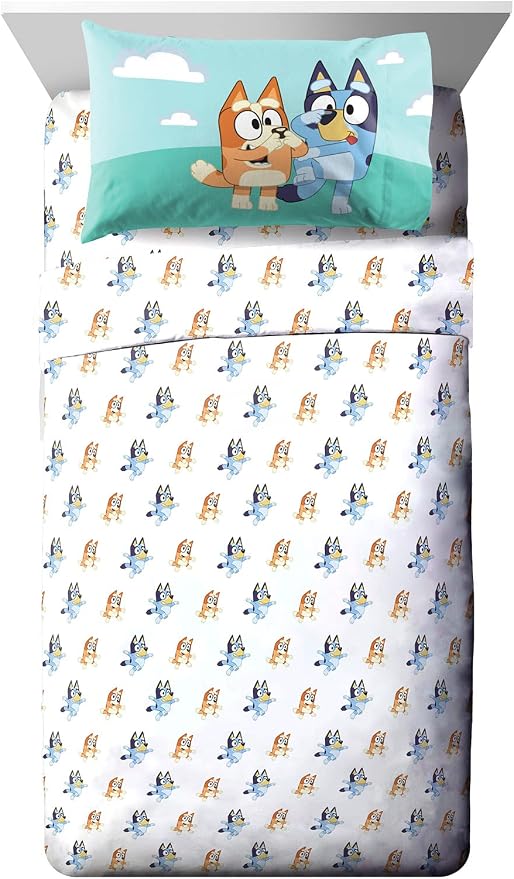 Jay Franco Kids Sheet Set with Fitted, Flat Sheets & Pillow Cover - Ultra-Soft Bedding with Pillowcase for Room Decor, White - Bluey, 4 Piece Full