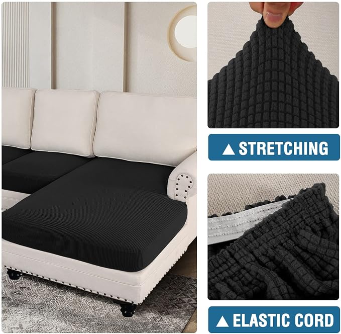 H.VERSAILTEX Sectional Couch Covers 3 Pieces Sofa Seat Cushion Covers L Shape Separate Cushion Couch Chaise Cover for Both Left/Right Sectional Couch (Seat Only: 1 Chaise + 2 Sofa, Black)