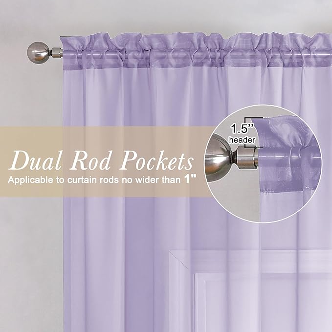 Lecloud Lavender Sheer Kitchen Curtains 54 Inch Length 2 Panels, Double Rod - Image 2