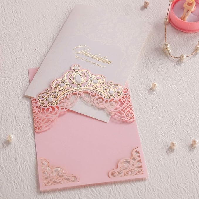 Hosmsua 50PCS Personalized Pink Quinceanera Invitations with Envelopes 5.4x7.3 Inch Laser Cut Floral Gold Crown Pocket Invitation for Quinceanera Birthday Invite