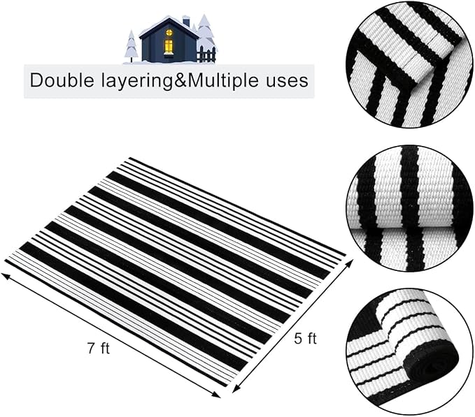 OJIA Outdoor Rugs 5'x7' Patio Rug Washable Carpet Black & White Camping Rug | Machine Washable Outdoor Rug Cotton Woven Area Rug Farmhouse Indoor Carpet for Front Door/Porch/Deck/Backyard/Balcony Decor