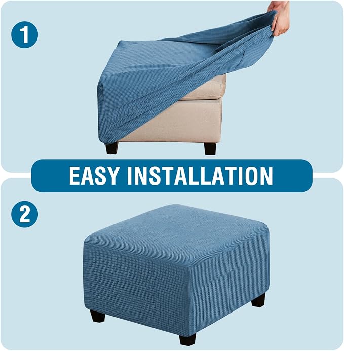 H.VERSAILTEX Square Ottoman Covers Ottoman Slipcovers Folding Storage Stool Furniture Protector Form Fit with Elastic Bottom, Stretch High Spandex Small Checks Jacquard Fabric(Large,Dusty Blue)