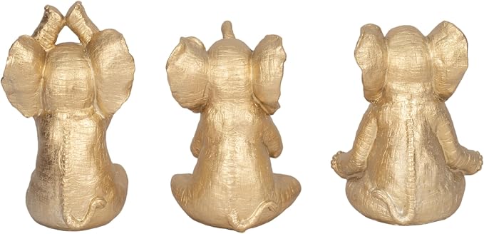 Resin Elephant Figurines Statue Set – Room Decor Accent Trio, Shelf, Desk, or Nightstand Placement – Meditation Pose Symbol of Wisdom and Calm, Home Decor – 8", Gold Finish