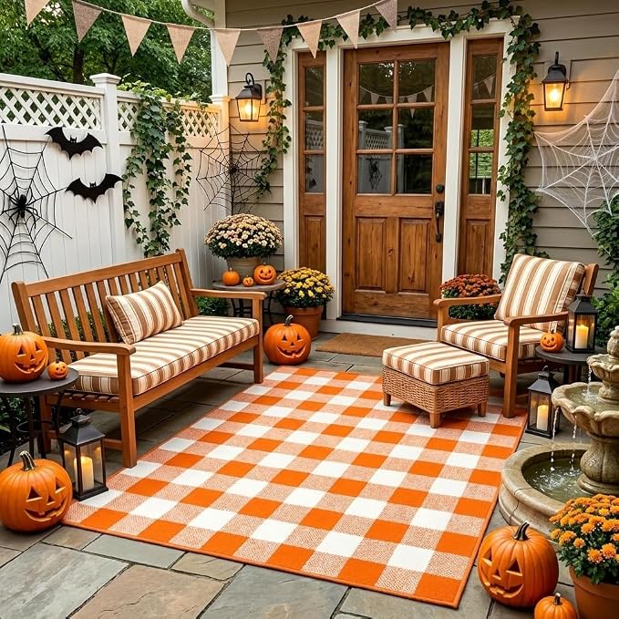 Buffalo Plaid Rug 4' x 6' Orange and White Halloween Front Doomat Reversible Layered Porch Rug Washable Hand Woven Cotton Area Rug for Indoor Outdoor Living Dining Room Bedroom Kitchen Porch Decor