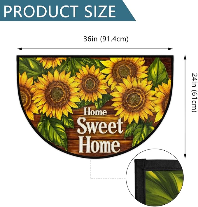 Flowers Sunflowers Half Round Rug Half Moon Door Mat Half Circle Rugs | Autumn Fall Washable Non-Slip Semi Circle Rug Welcome Half Round Door Mat Indoor Entrance Kitchen Bedroom Living Room Decor