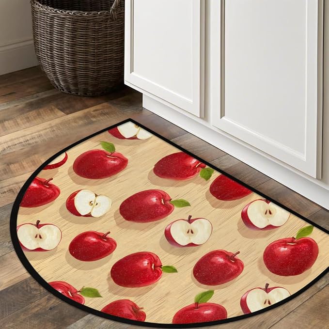 Pardick Half Round Door Mat Red Apples Anti-Slip Semi Circle Rug 24X36 Indoor Door Mat Half Moon Bath Mat, Washable Decorative Floor Mat for Kitchen Bathroom Hearth Fireplace