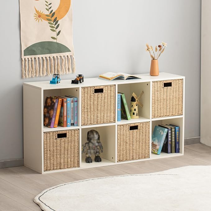 Handwoven Paper Woven Cube Basket Organizer with Handles set of 4 Foldable Storage baskets for Bedroom Living Room Cubby Storage Units for Clothes Books Toys (Natural, 13" L x 13" W x 13" H)