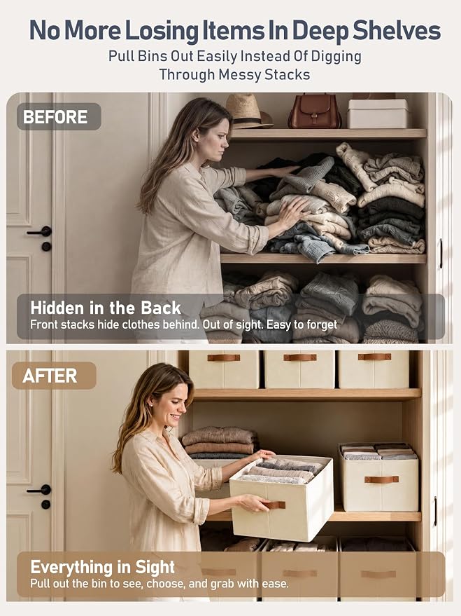 5 Pack Large Closet Storage Baskets Bins for Shelves, Collapsible Fabric Closet Organizers and Storage with Polyester Handles, Decorative Baskets for Organizing Clothes, Towels, Linen Closet 16x12x10"