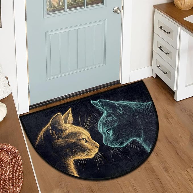 cfpolar Half Round Door Mat Animal Blue Cat Cute Kitten Non-Slip Semi Circle Area Rug Washable Half Moon Hearth Rugs for Indoor Outdoor Bathroom Kitchen Patio Runner Mat Laundry Room Home Decoration
