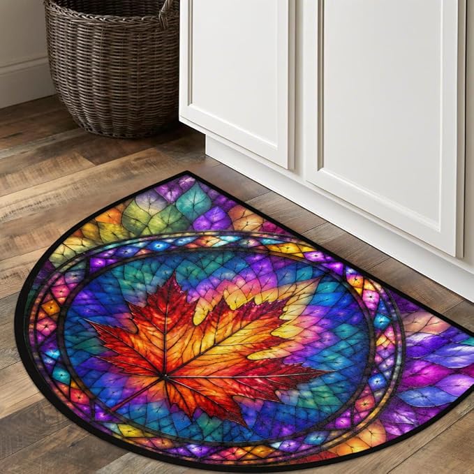 Autumn Half Round Door Mat Welcome Entrance Mat Bath Bathroom Rug A3 | Autumn Maple Leaf Glass Painting Welcome Entrance Mat Anti-Slip Half Moon Bath Mat Semi Circle Rug Indoor Outdoor Kitchen Rug