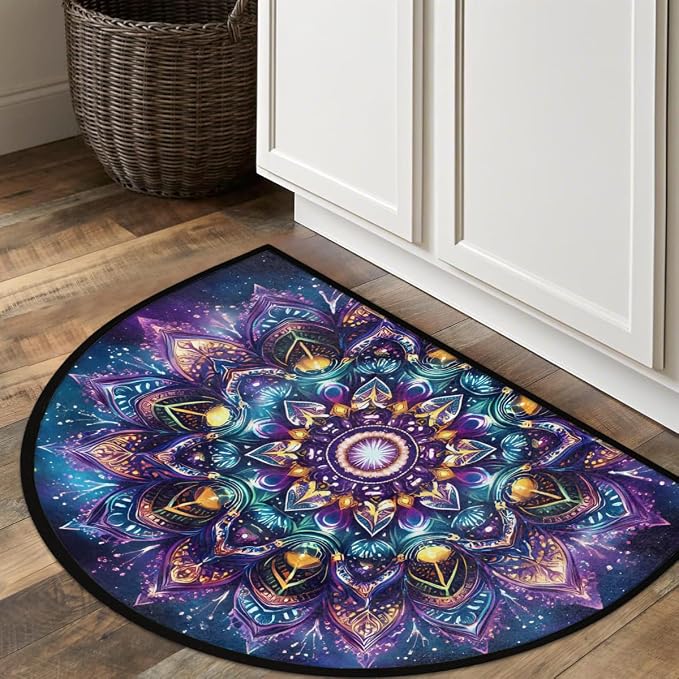 Floral Half Round Doormat Semi Circle Rug Half Moon Rug Entryway Mat | Mandala Galaxy Washable Non Slip Outdoor Floor Rug Kitchen Mat for Indoor Outdoor Bathroom Fireplace Bath Decor