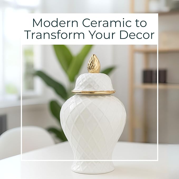 Decorative Ceramic Vase with Lid for Living Room and Home Decor - Elegant Flower Vase Accent for Room, Bedroom, or Office Display - Sculpted Table Accent for House Decoration - 15", White & Gold
