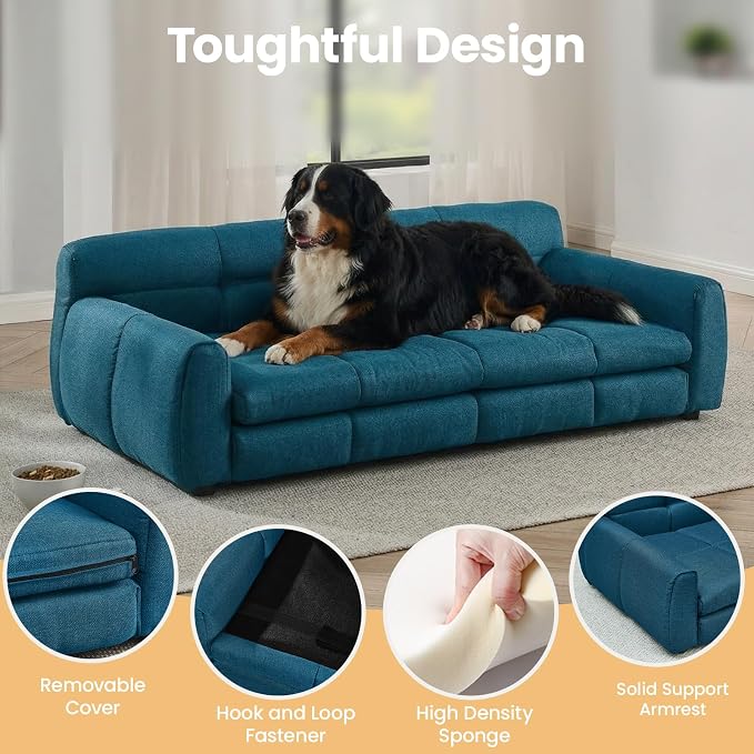 51" XL Dog Bed Couch, Elevated Large Dog Sofa with Backrest and Armrests, Soft Memory Foam Extra Large Pet Bed with Removable Cushion, Durable Linen Pet Couch Furniture, Dark Blue