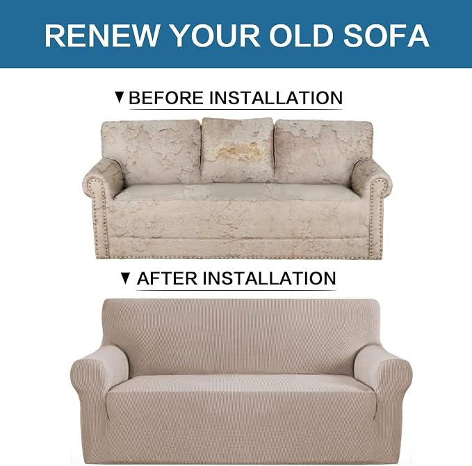 H.VERSAILTEX Stretch Extra Large Sofa Covers Sofa Slipcovers for Living Room Feature Thick Checked Jacquard Fabric with Elastic Bottom, Sofa X-Large - Sand