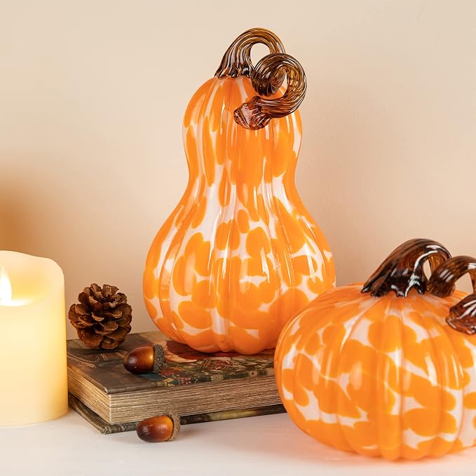 Glitzhome Set of 3 Hand Blown Glitter Glass Pumpkins - Fall Decor for Halloween & Thanksgiving Handmade Table Accent Harvest Home Decor, Orange Dots