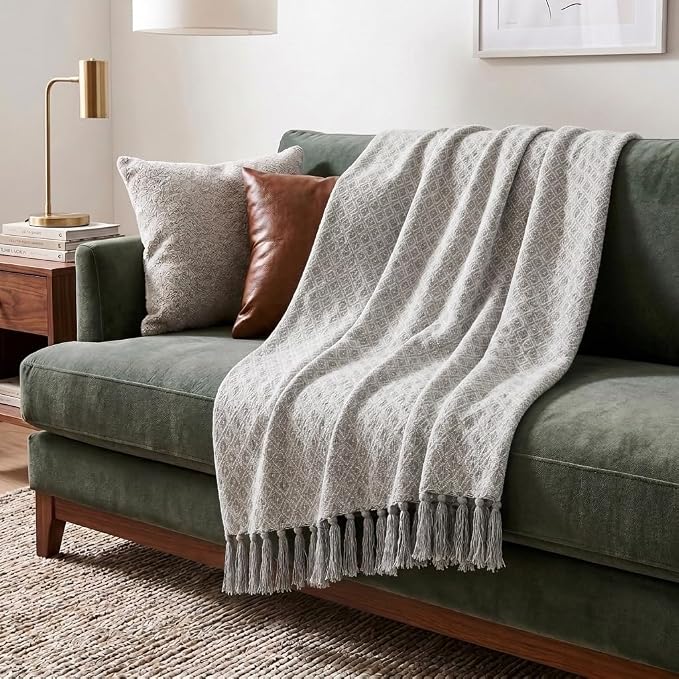 Americanflat 50x60 Throw Blanket - Soft and Breathable Cotton Throw Blanket for Couch, Bed, Chair - Decorative Blankets Perfect for Home, Office, or Outdoor Use - Grey and White Mini Diamond Design